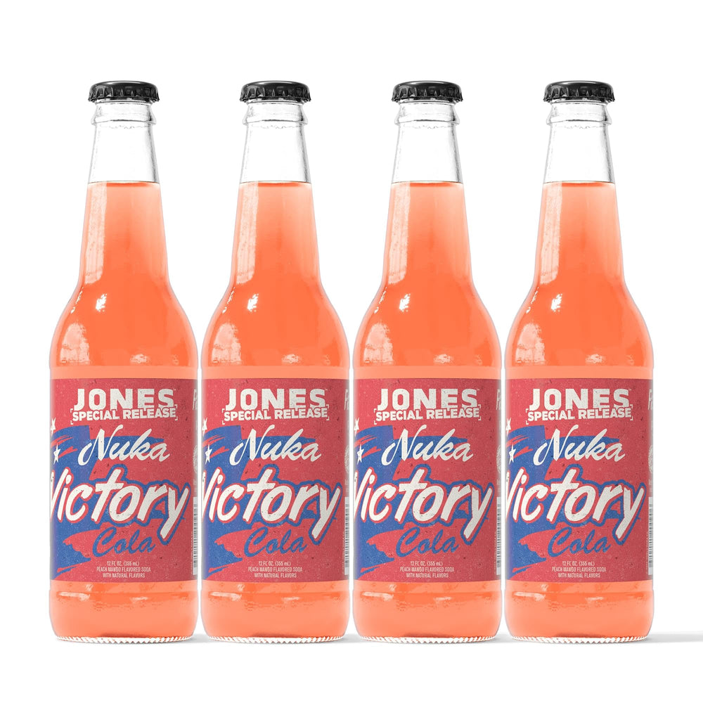 Jones Soda Co. Nuka Victory bottle close-up in nostalgic glass packaging.