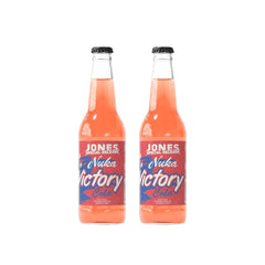 Jones Soda Nuka Victory bottle featuring peach-mango flavor in a glass bottle.
