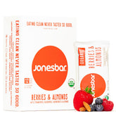 Jonesbar Berries and Almonds bar pack highlighting real fruit and nut ingredients for on-the-go snacking.