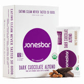 Jonesbar dark chocolate almond close-up shows simple whole-food ingredients for clean snacking.