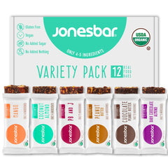 Jonesbar variety pack front showing six flavors for on-the-go snacking.