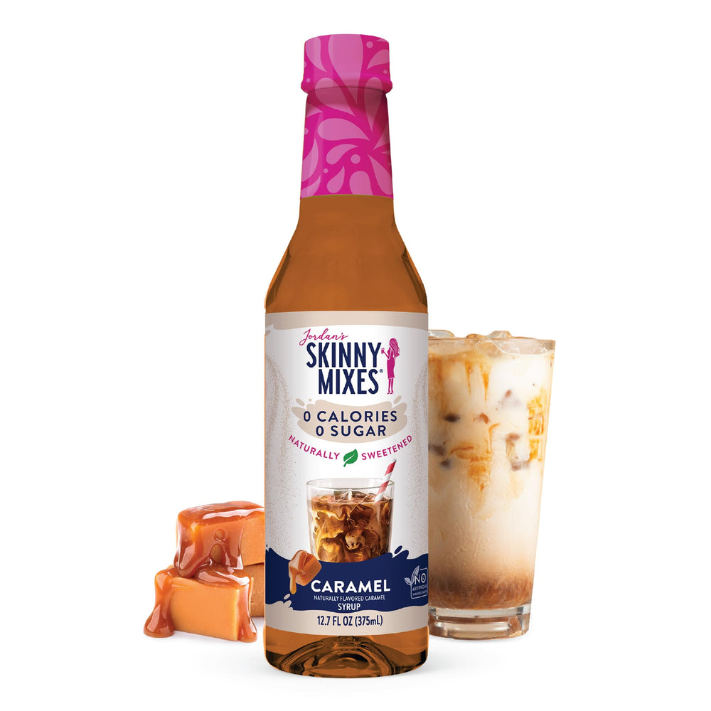 Jordan's Skinny Mixes caramel syrup bottle pour adds sugar-free sweetness to coffee.