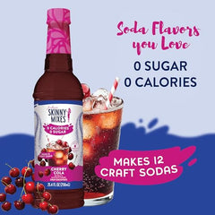 Cherry Cola syrup bottle beside a sparkling beverage with ice