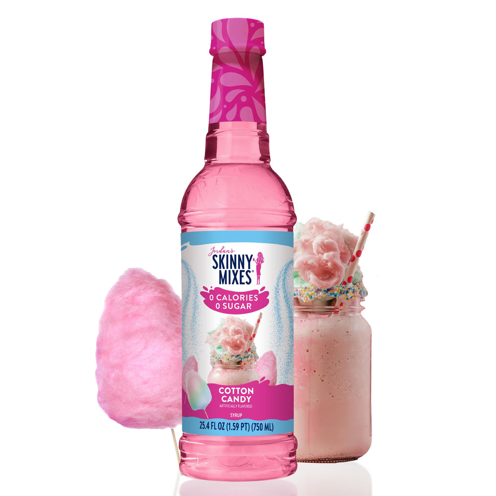Jordan's Skinny Mixes Cotton Candy Syrup bottle showing zero sugar flavor enhancement.