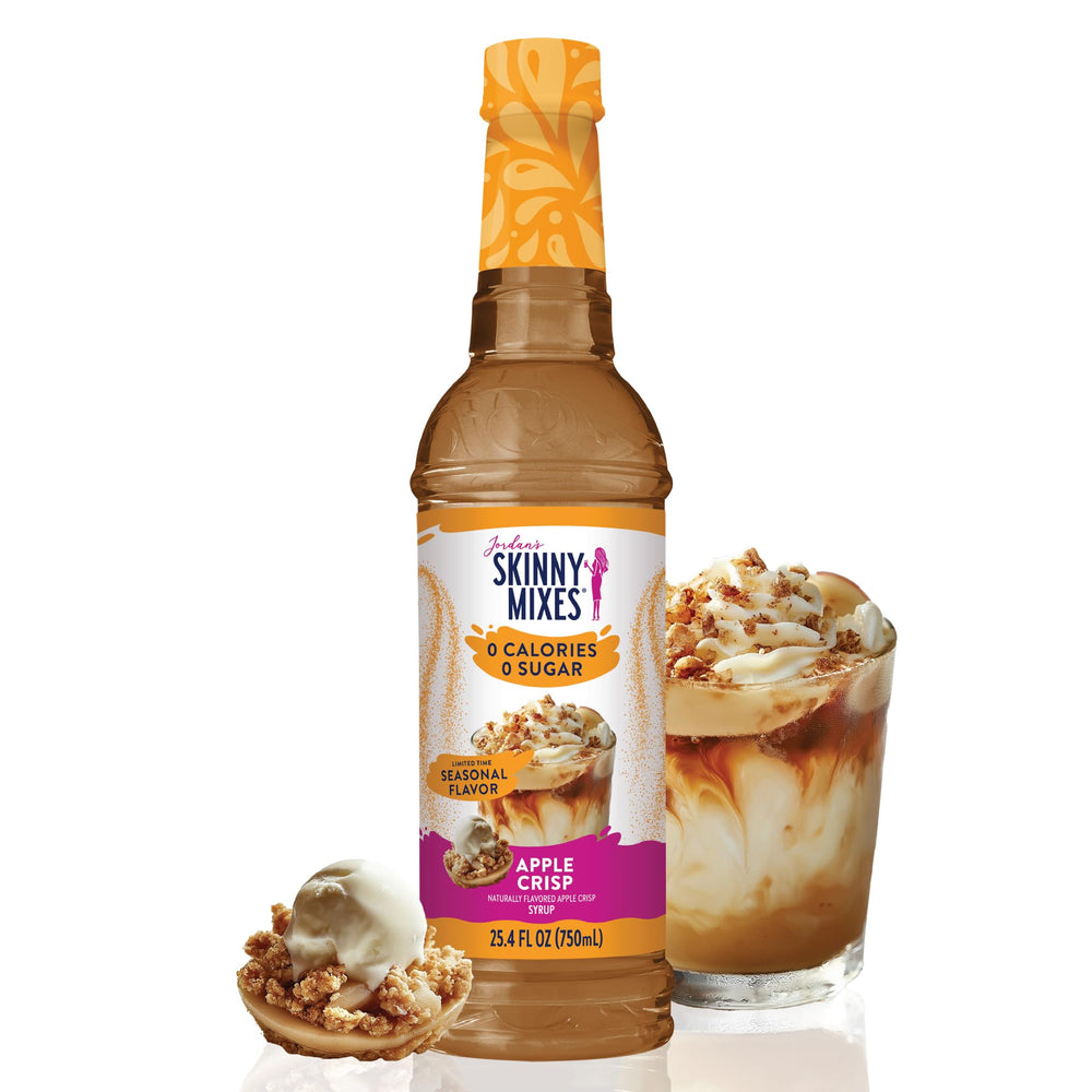 Jordan's Skinny Mixes Holiday Apple Crisp syrup bottle shows sugar-free flavor for guilt-free drinks