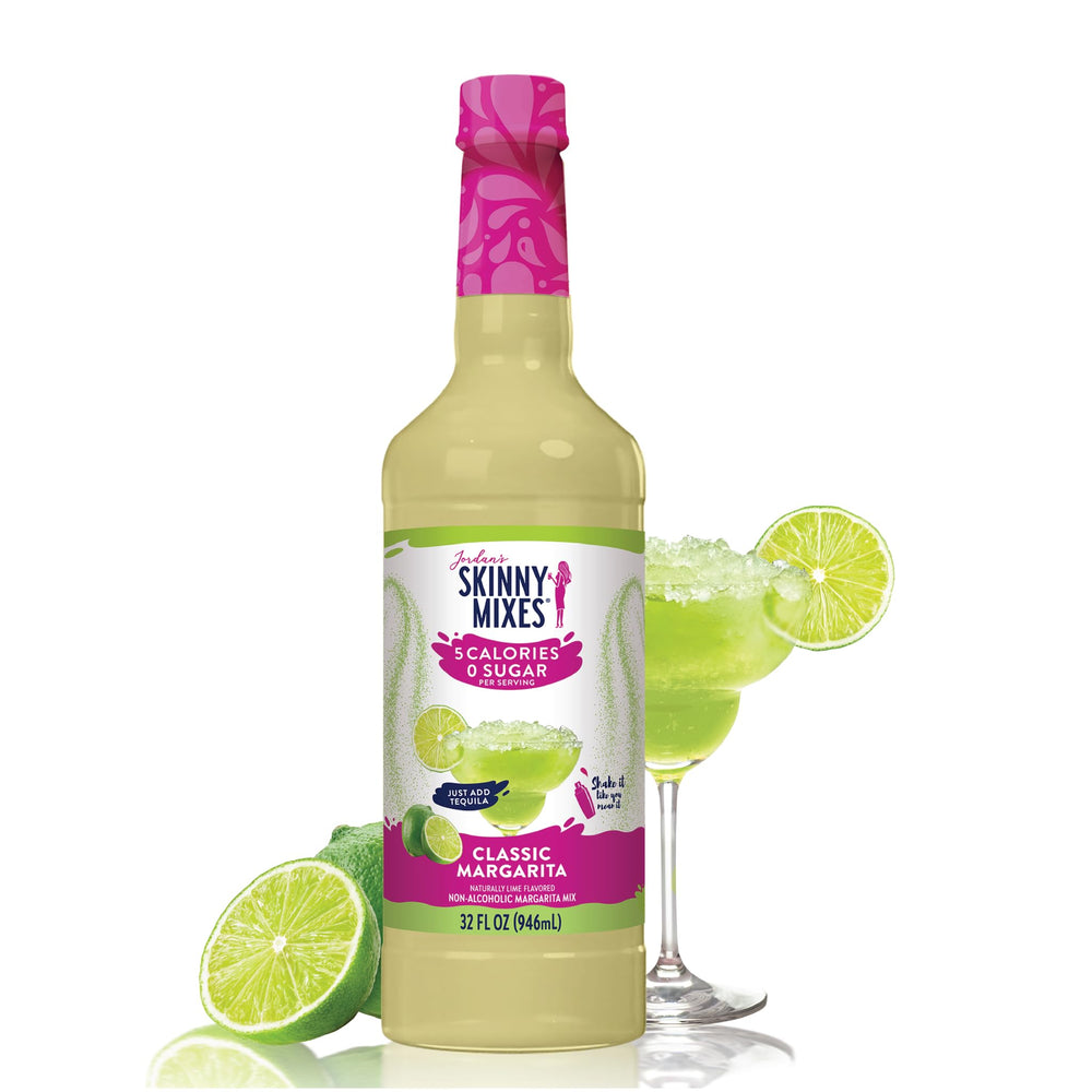 Jordan's Skinny Mixes Margarita Mix bottle on a bar counter, sugar-free flavor boost for cocktails