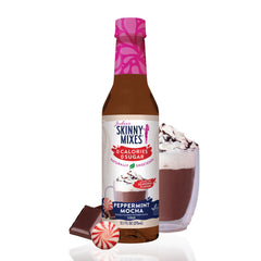 Jordan's Skinny Mixes Peppermint Mocha syrup bottle showing sugar-free flavor for coffee.