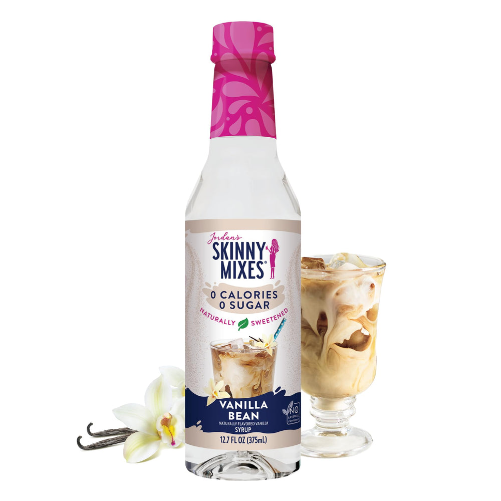Jordan's Skinny Mixes Vanilla Bean Syrup bottle pour with zero sugar flavor