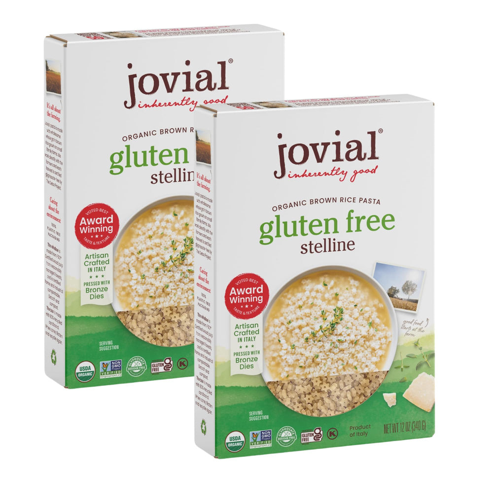 Jovial brown rice stelline pasta pack showing gluten-free, whole grain option