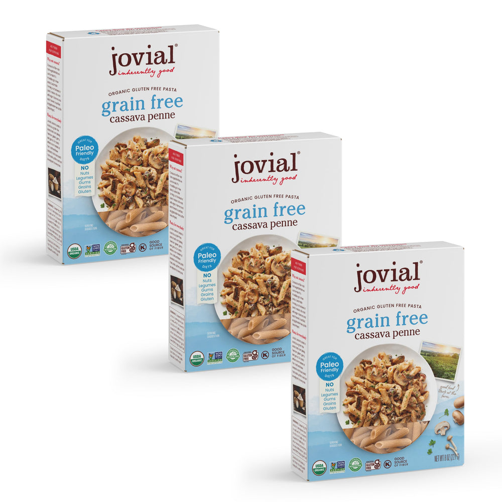 Jovial Cassava Penne uncooked, grain-free and simple ingredients.