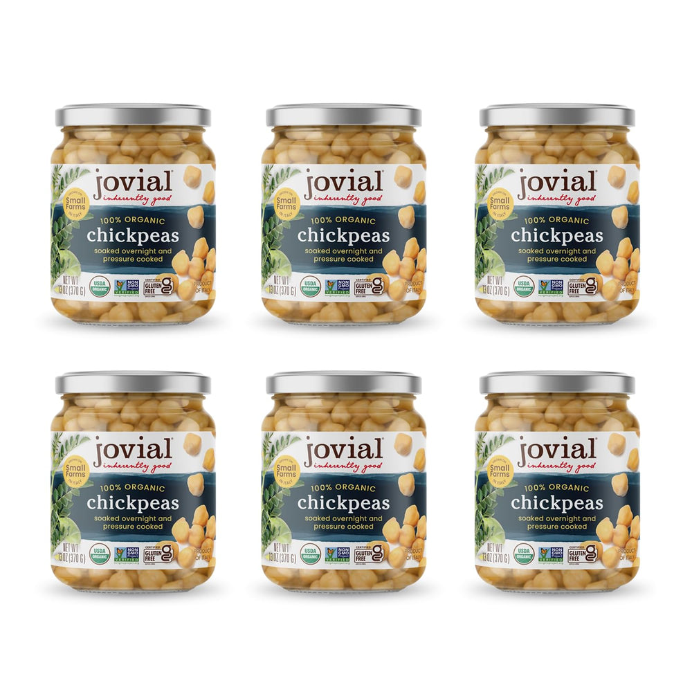 Jovial chickpeas in a glass jar, ready to eat for quick meals