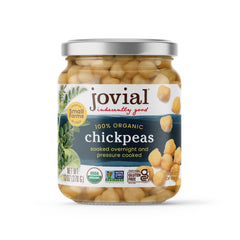 Jovial organic chickpeas in a glass jar for fiber-rich salads.