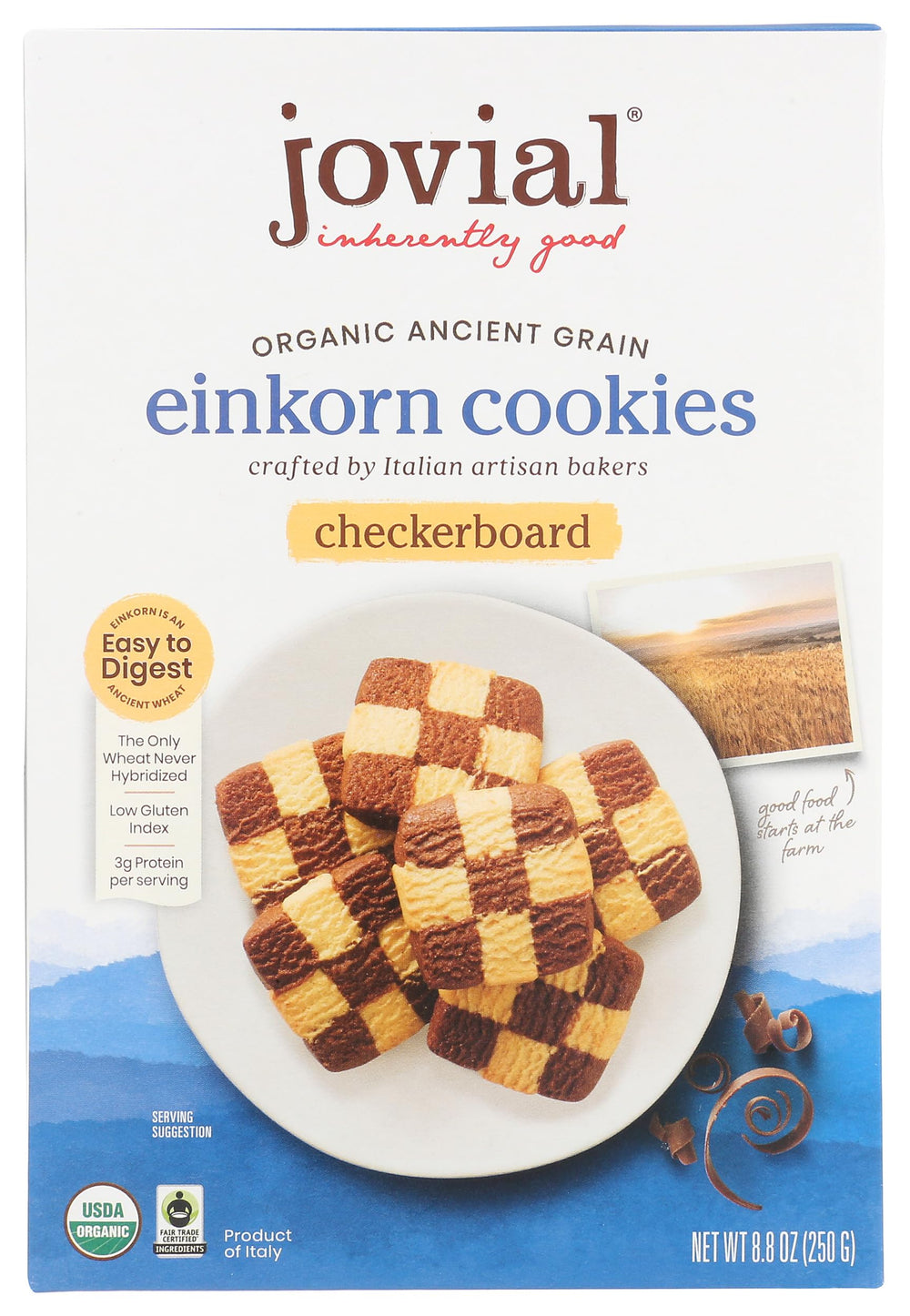 Jovial Einkorn Checkerboard Cookies box shows artisanal, high-protein snack.
