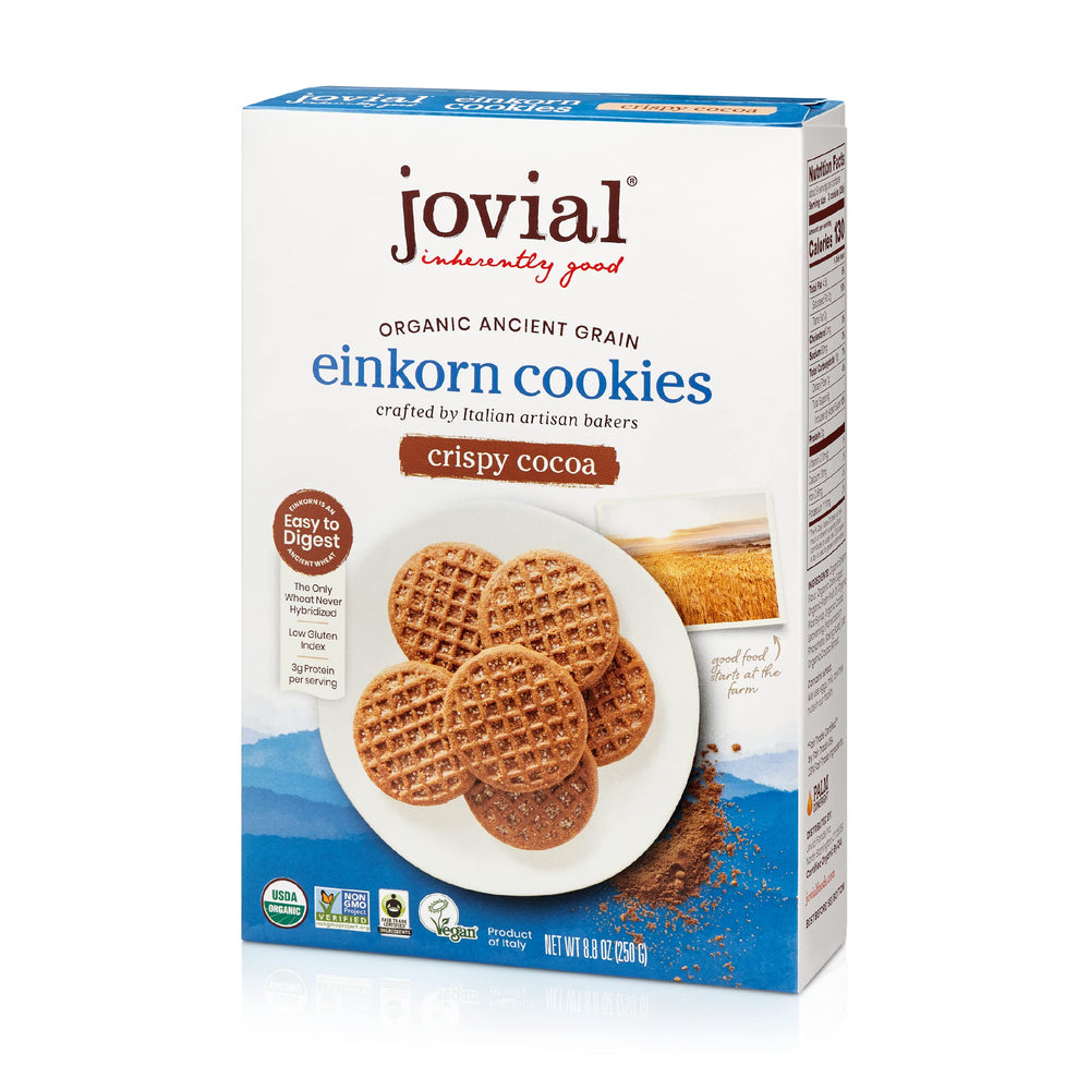 Jovial Einkorn Crispy Cocoa Cookies in a box, convenient snack for a quick coffee break