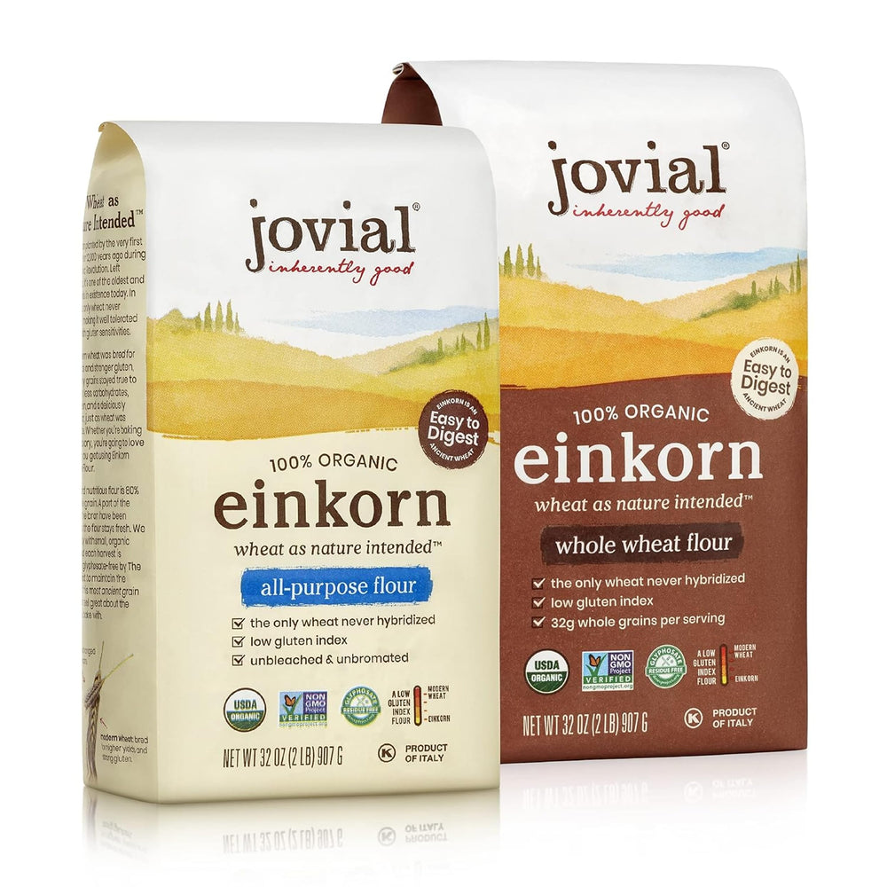 Jovial Einkorn Flour packaging highlights organic purity for baking
