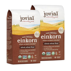 Jovial Einkorn flour packaging highlights organic, non-GMO quality for baking.