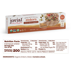 Jovial Einkorn pasta uncooked with pale yellow strands and organic quality