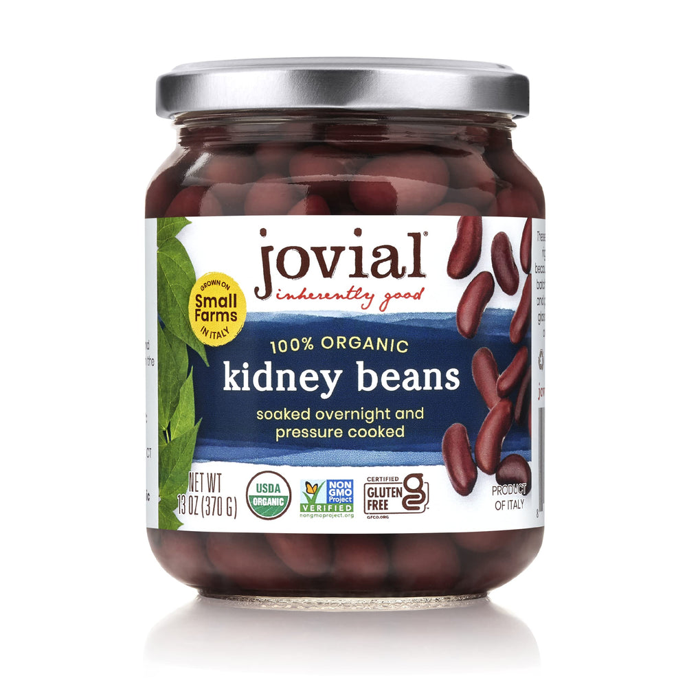 Jovial kidney beans in a glass jar ready to add fiber to meals