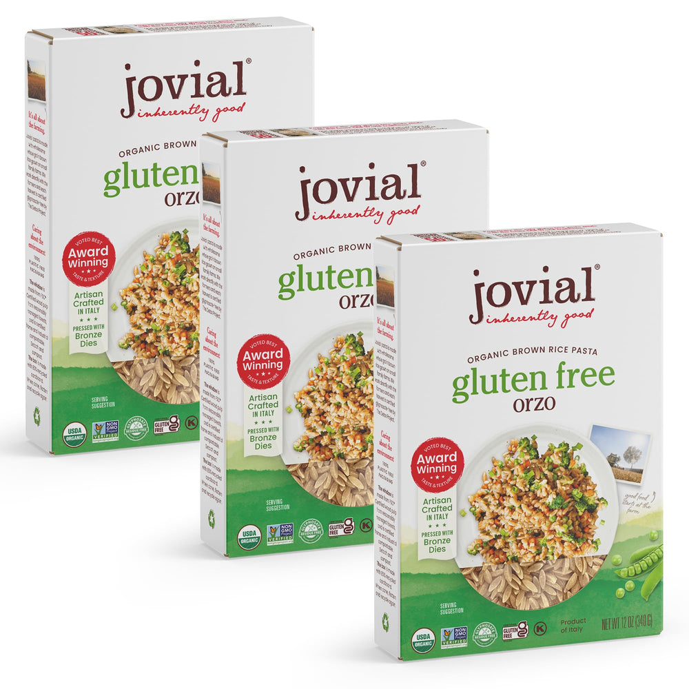 Jovial Organic Brown Rice Orzo Pasta pack showing 3x12 oz boxes, gluten-free and family-friendly.