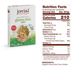 Jovial Organic Brown Rice Orzo Pasta uncooked close-up highlighting two-ingredient simplicity.