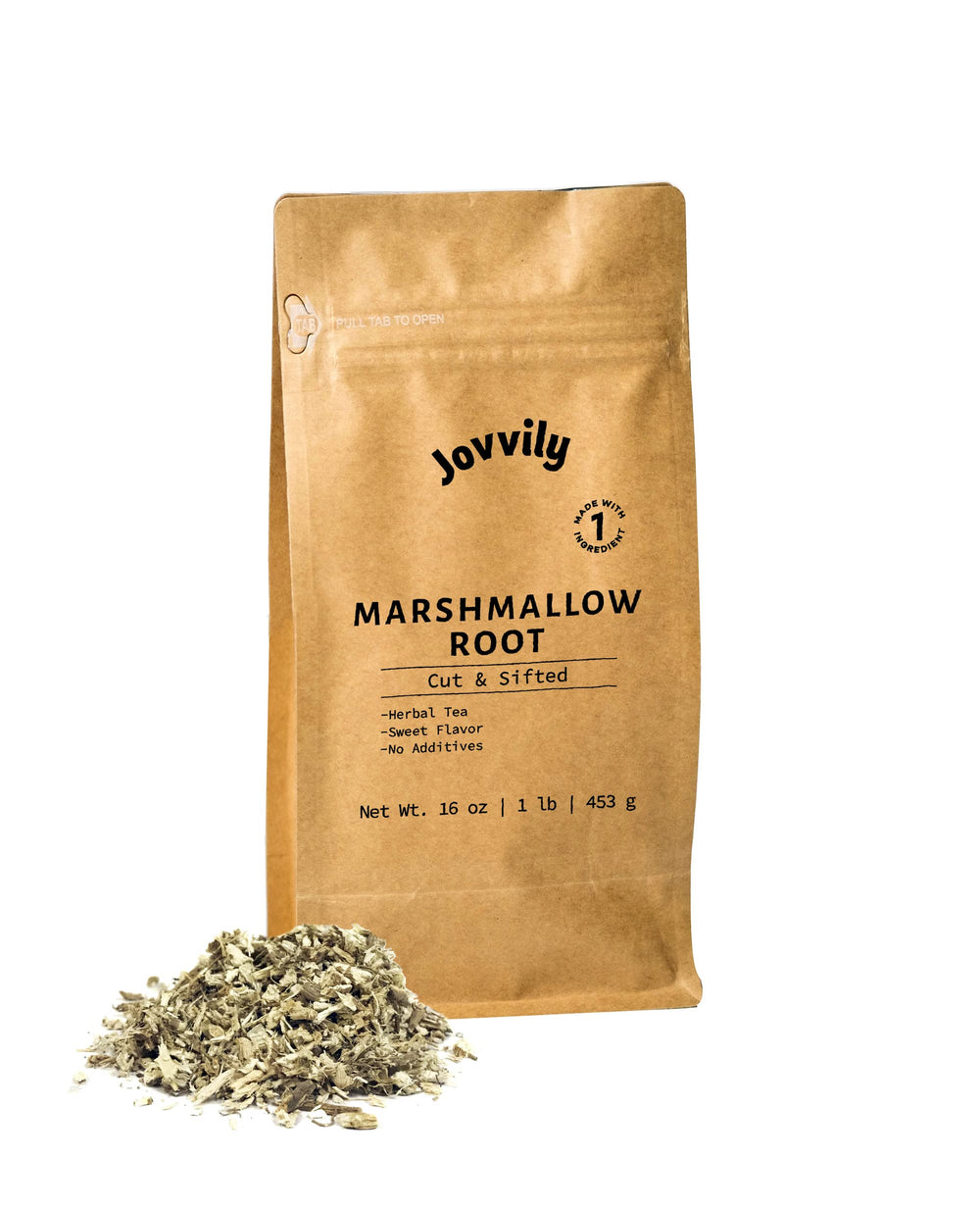 Jovvily Marshmallow Root in loose form, ideal for a calming, aromatic herbal tea.