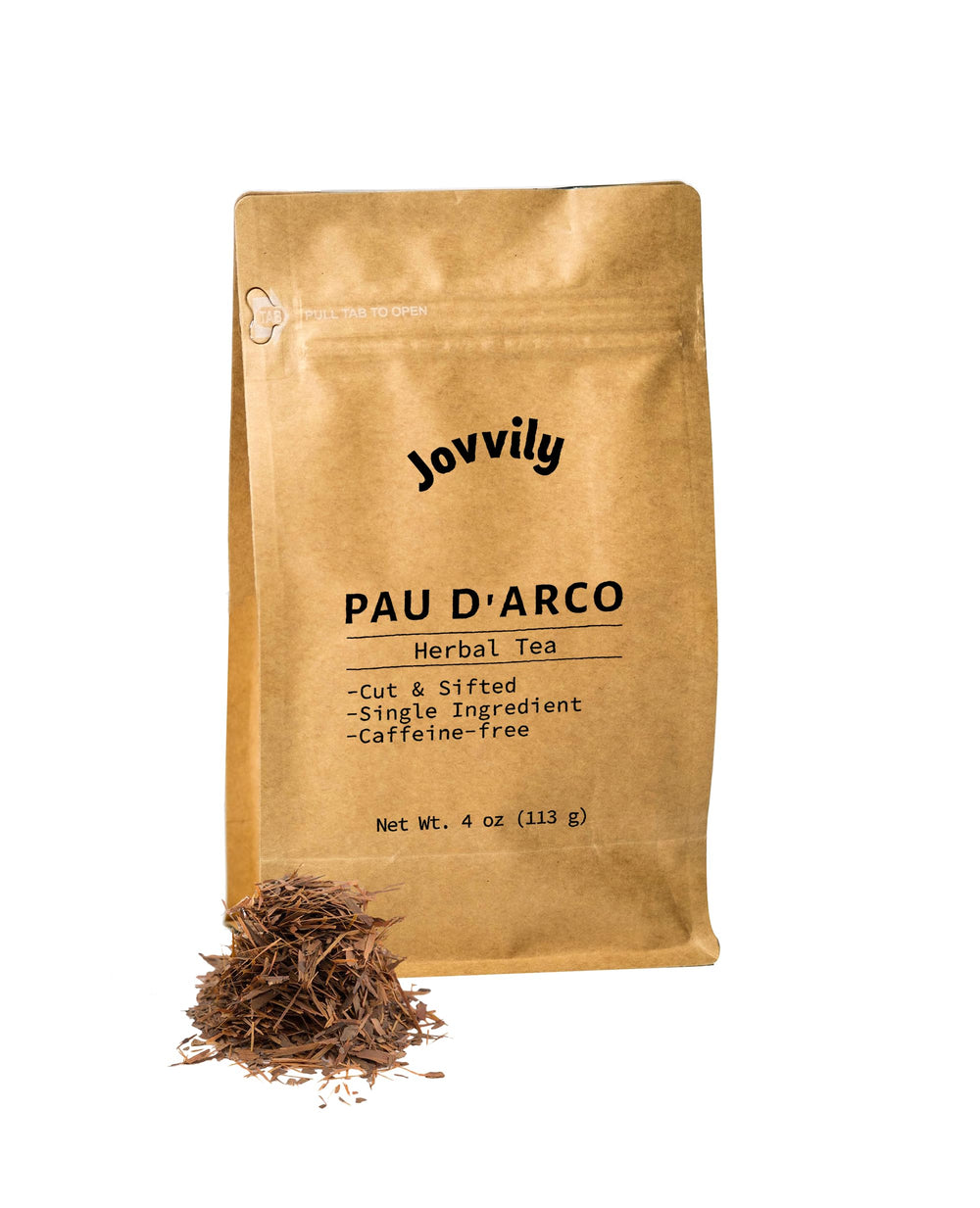 Jovvily Pau D'Arco cut & sifted tea pack ready for brewing