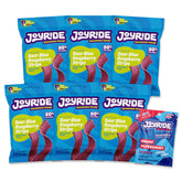 Joyride blue raspberry sour strips six-pack front view, vivid flavor on display