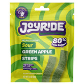 Joyride Sour Green Apple Strips package on white background, vegan snack with 80% less sugar