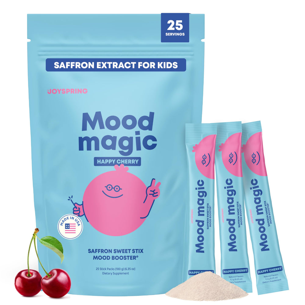 JoySpring Saffron for Kids bottle beside pixie sticks for easy daily calm.