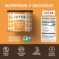 Joyva sesame tahini 15oz tin packaging highlights creamy purée