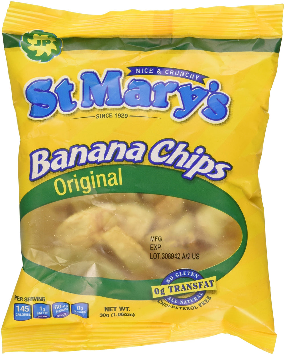 St Mary's Banana Chips open bag shows crispy, tropical snack on the go.