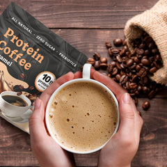 JRR Caramel Protein Coffee scoop demonstrates easy protein boost