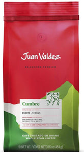 Juan Valdez Cumbre Dark Roast bag front, premium Colombian coffee for bold mornings.