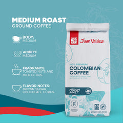 Juan Valdez pour-ready ground coffee beside a French press