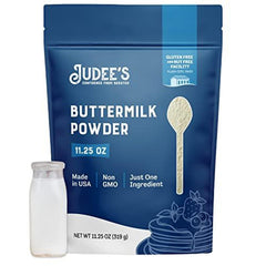 Judee's gluten free buttermilk powder in a pantry jar for quick baking prep