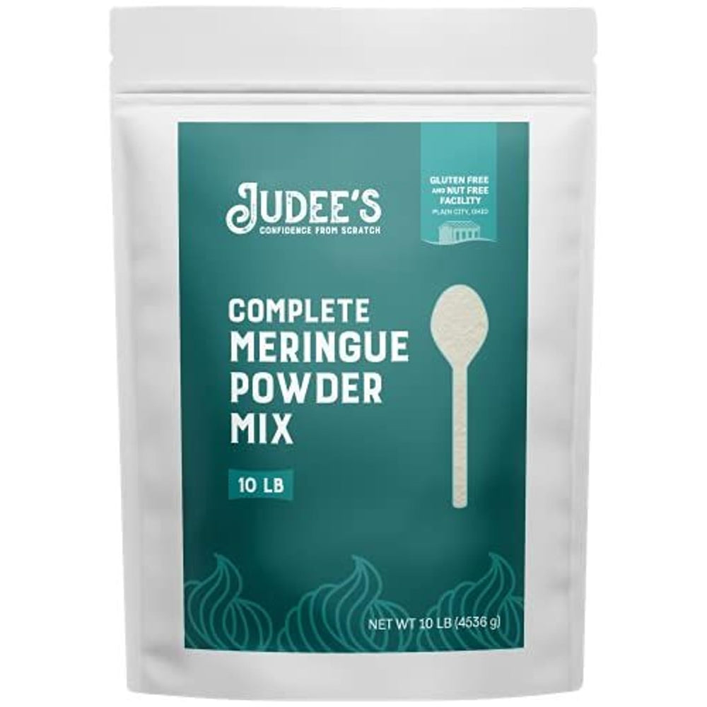Judee's Gluten Free meringue powder packaging supports quick, gluten-free baking.