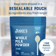 Judee's Whole Milk Powder label close-up emphasizing pure ingredients.
