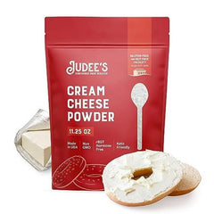 Judee's Powdered Cream Cheese packaging in resealable pouch promotes freshness for quick baking.