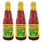 Jufran banana sauce bottles 3-pack on kitchen counter, versatile condiment alternative to ketchup.