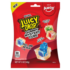 Juicy Drop Mystery Cubes peelable outer strawberry gummy for interactive snacking.