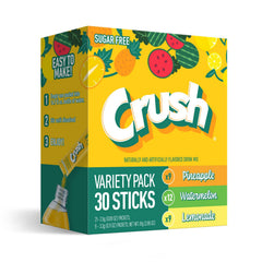 Juicy Mixes Crush 30-count variety pack box front for on-the-go refreshment.