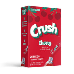 Juicy Mixes Crush Cherry powder drink mix glass with water highlights versatile hydration.