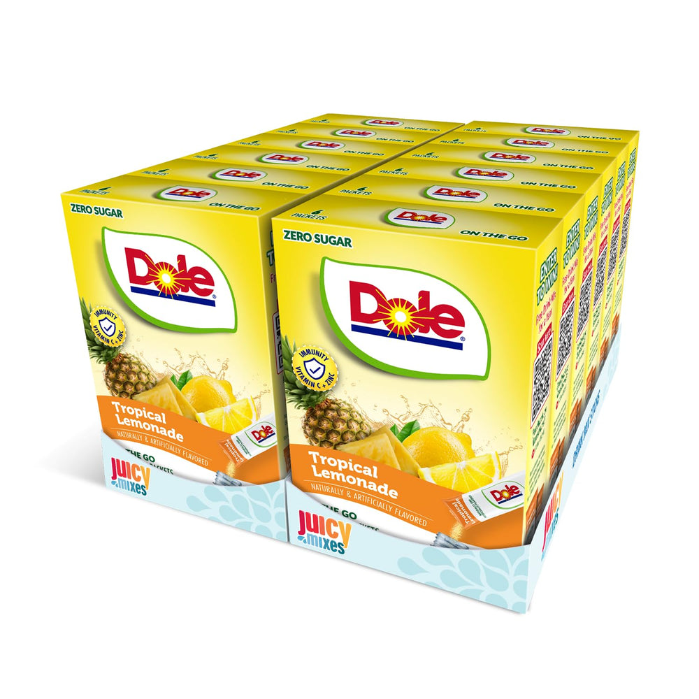 Juicy Mixes Dole Tropical Lemonade powder mix ready to dissolve into a refreshing sugar-free drink
