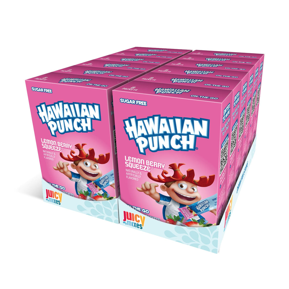 Juicy Mixes Hawaiian Punch powder packaging shows a convenient, sugar-free mix for on-the-go hydration.
