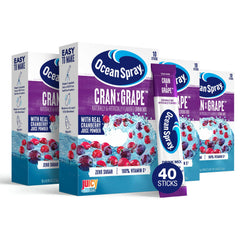 Juicy Mixes Ocean Spray Cran-Grape zero sugar packets on a box for on-the-go refreshment.
