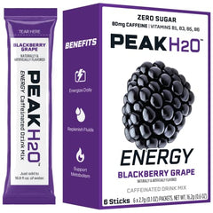Juicy Mixes PeakH2O blackberry packet beside travel-friendly packaging for flex hydration.