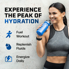 Juicy Mixes PeakH2O glass of hydration conveys refreshing berry blue flavor.