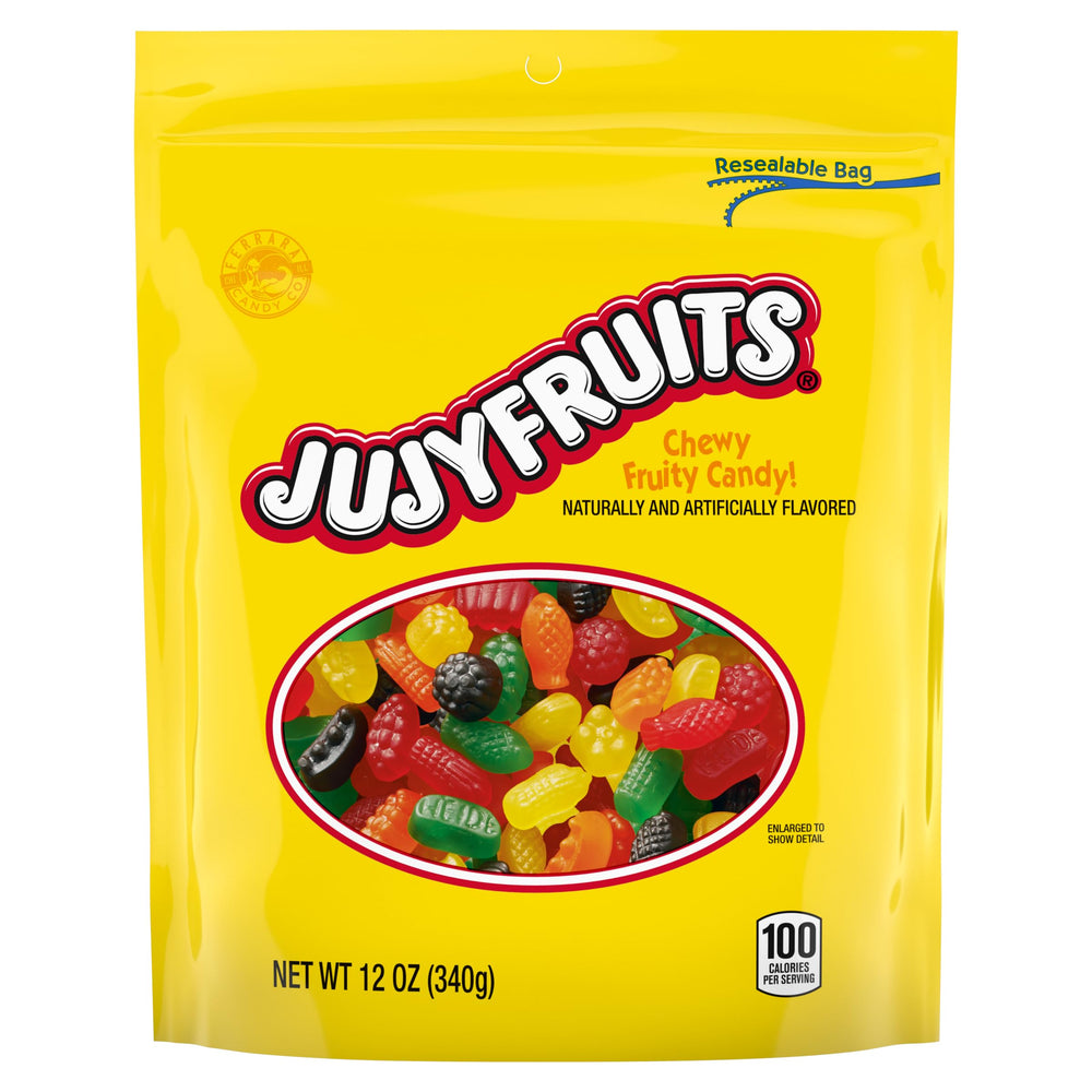 Jujyfruits Wonka bag filled with colorful chewy gummies for sharing and snacking.