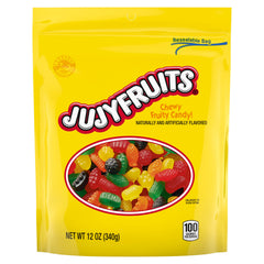 Jujyfruits Wonka bag filled with colorful chewy gummies for sharing and snacking.