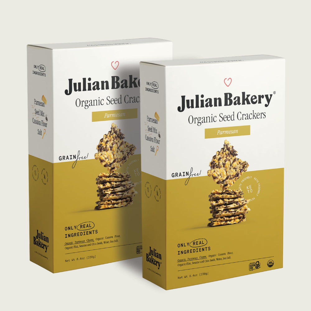 Julian Bakery Organic Primal Thin crackers parmesan crisp, ideal for dipping and snacking.